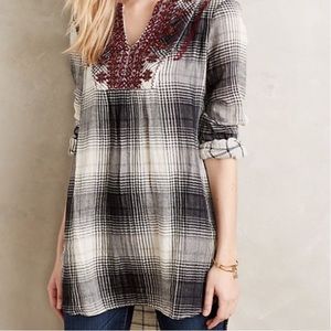 Anthro Floreat Embroidered Plaid Tunic Blouse